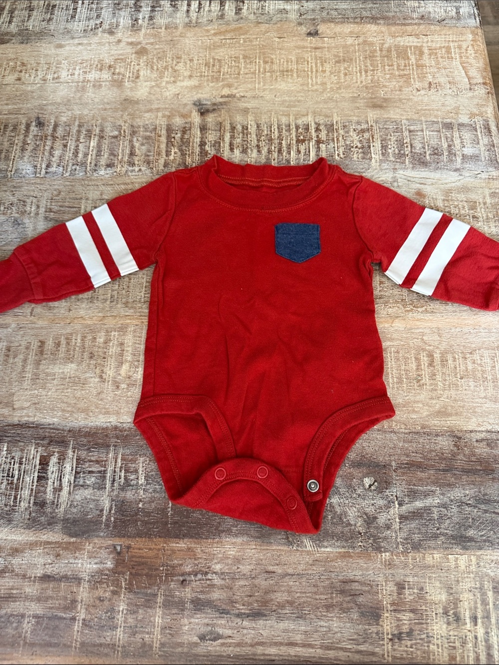 Red Long-Sleeve Baby One-Piece with Contrast Pocket